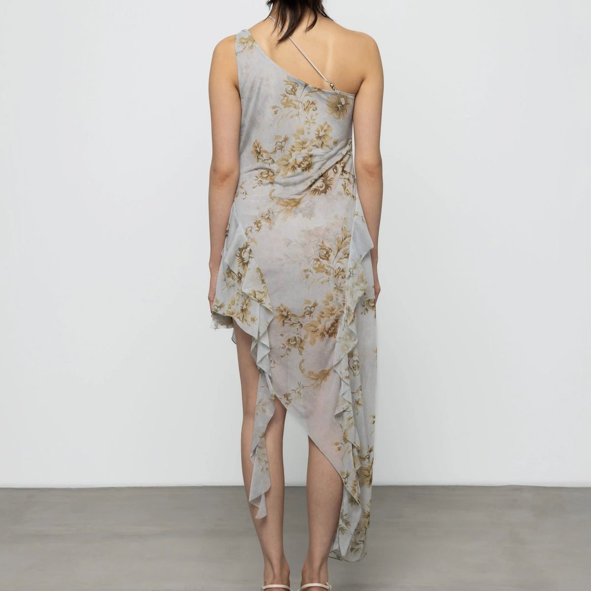 Asymmetric Ruffle Floral Dress in Butterscotch