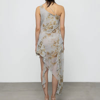 Asymmetric Ruffle Floral Dress in Butterscotch