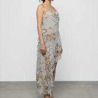 Asymmetric Ruffle Floral Dress in Butterscotch