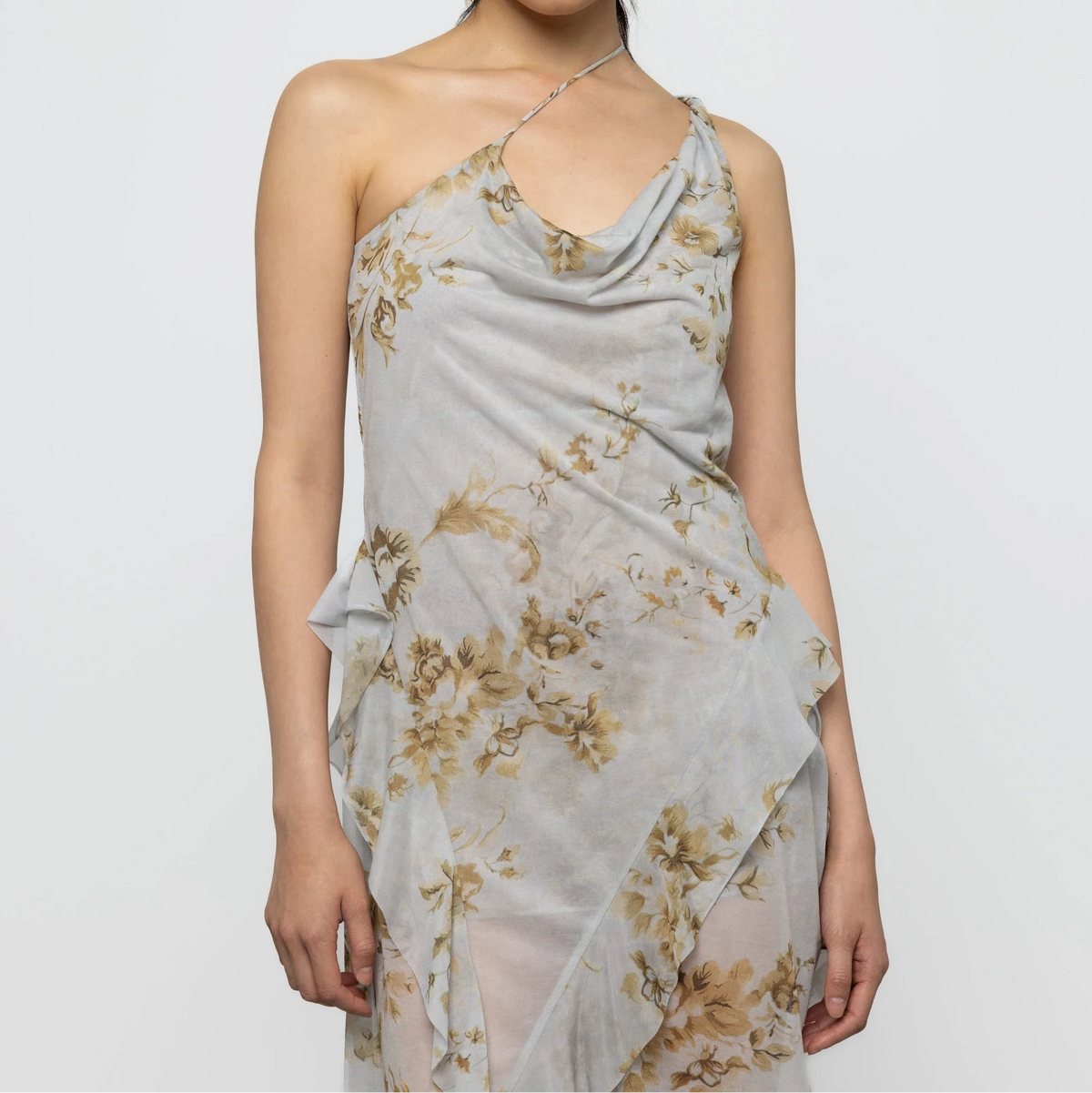 Asymmetric Ruffle Floral Dress in Butterscotch
