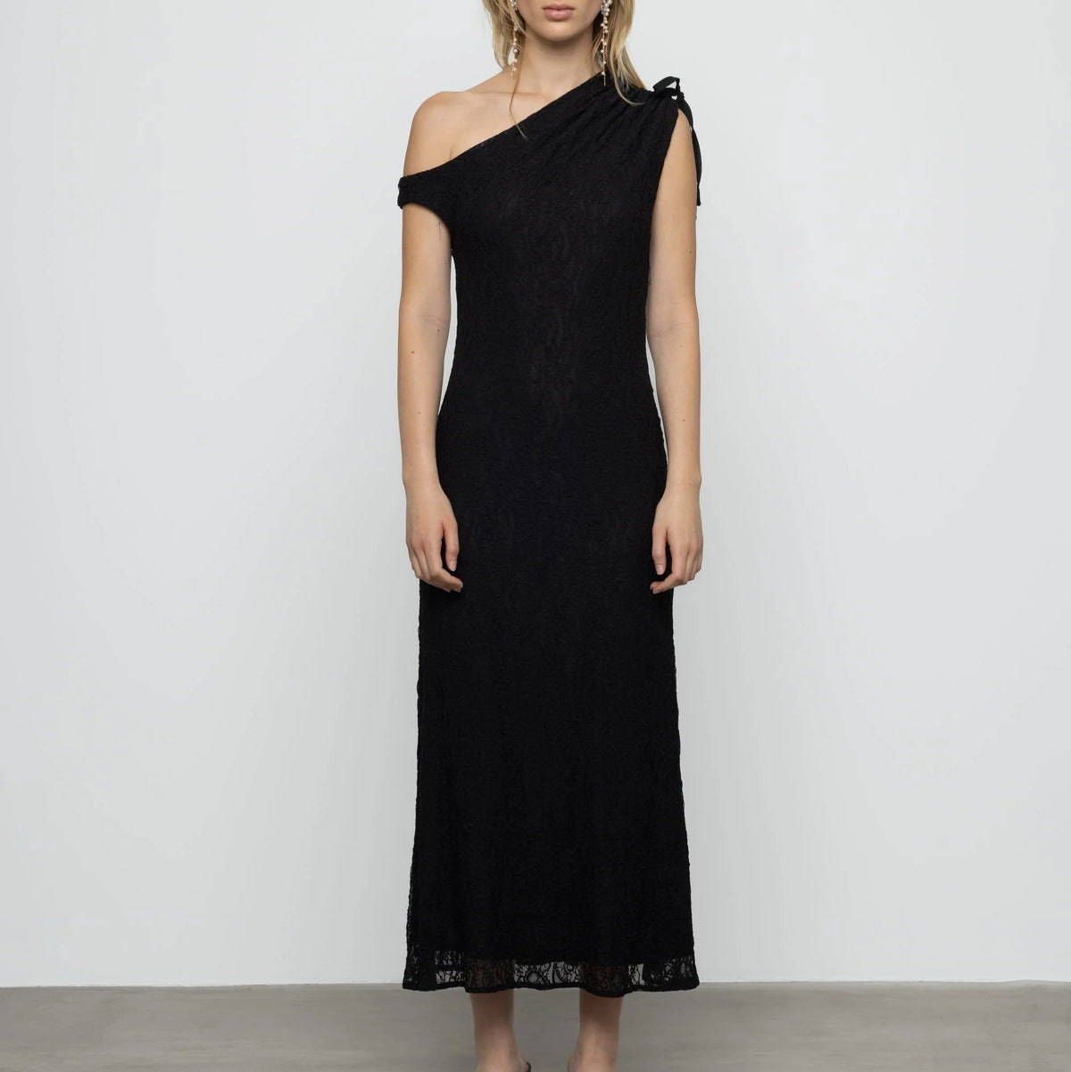 One Shoulder Lace Maxi Dress in Black