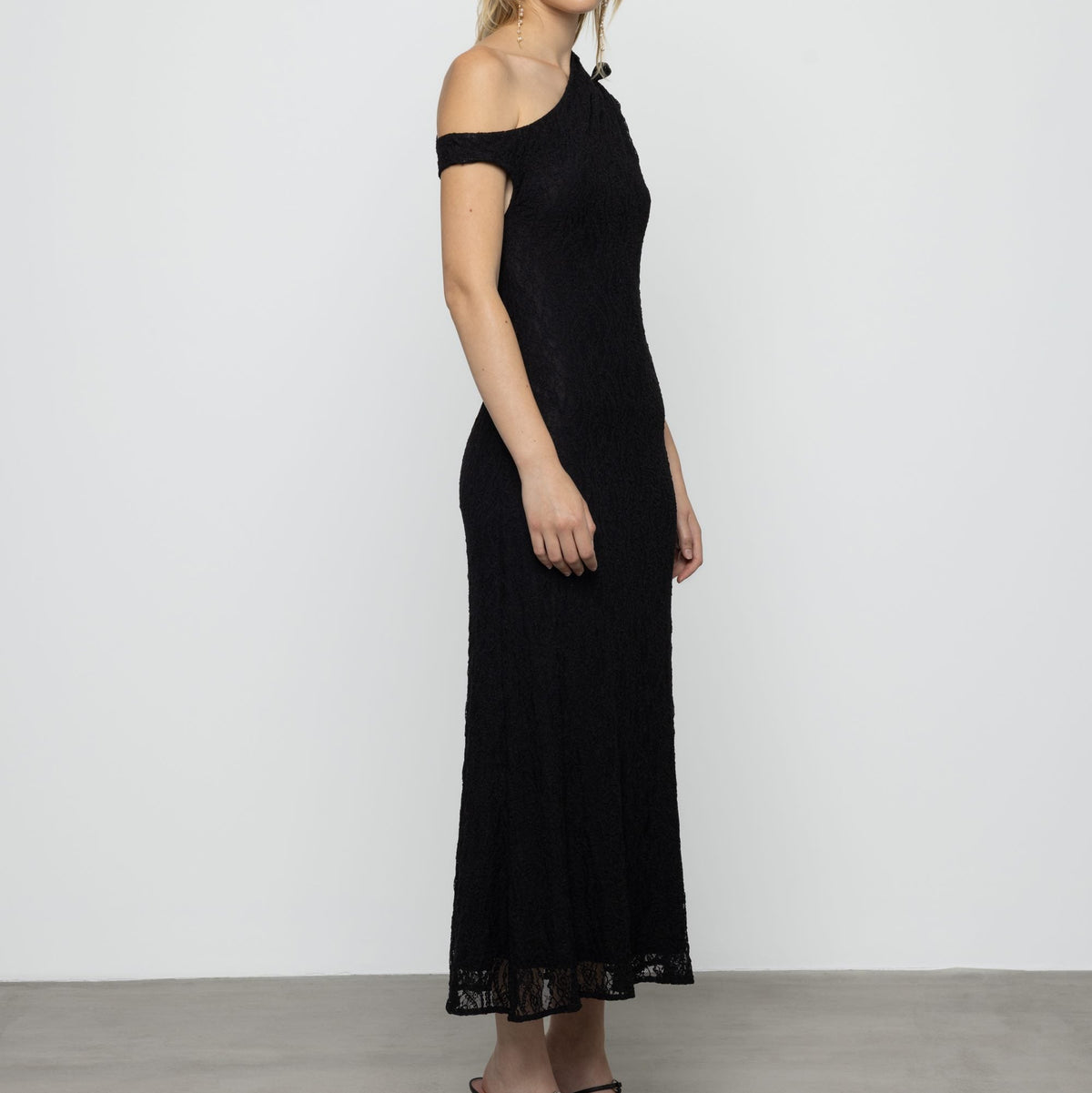 One Shoulder Lace Maxi Dress in Black