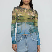 Mesh Long Sleeve Top in Poolside Print