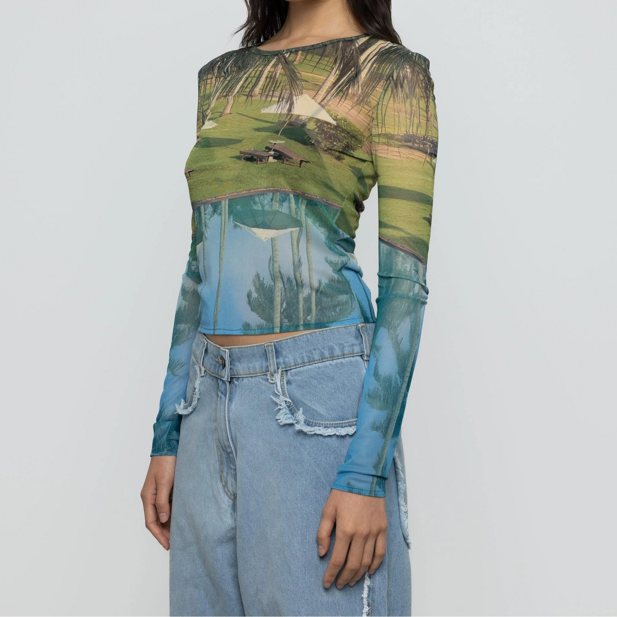 Mesh Long Sleeve Top in Poolside Print