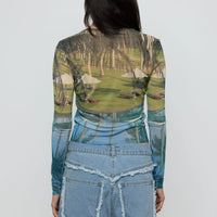 Mesh Long Sleeve Top in Poolside Print