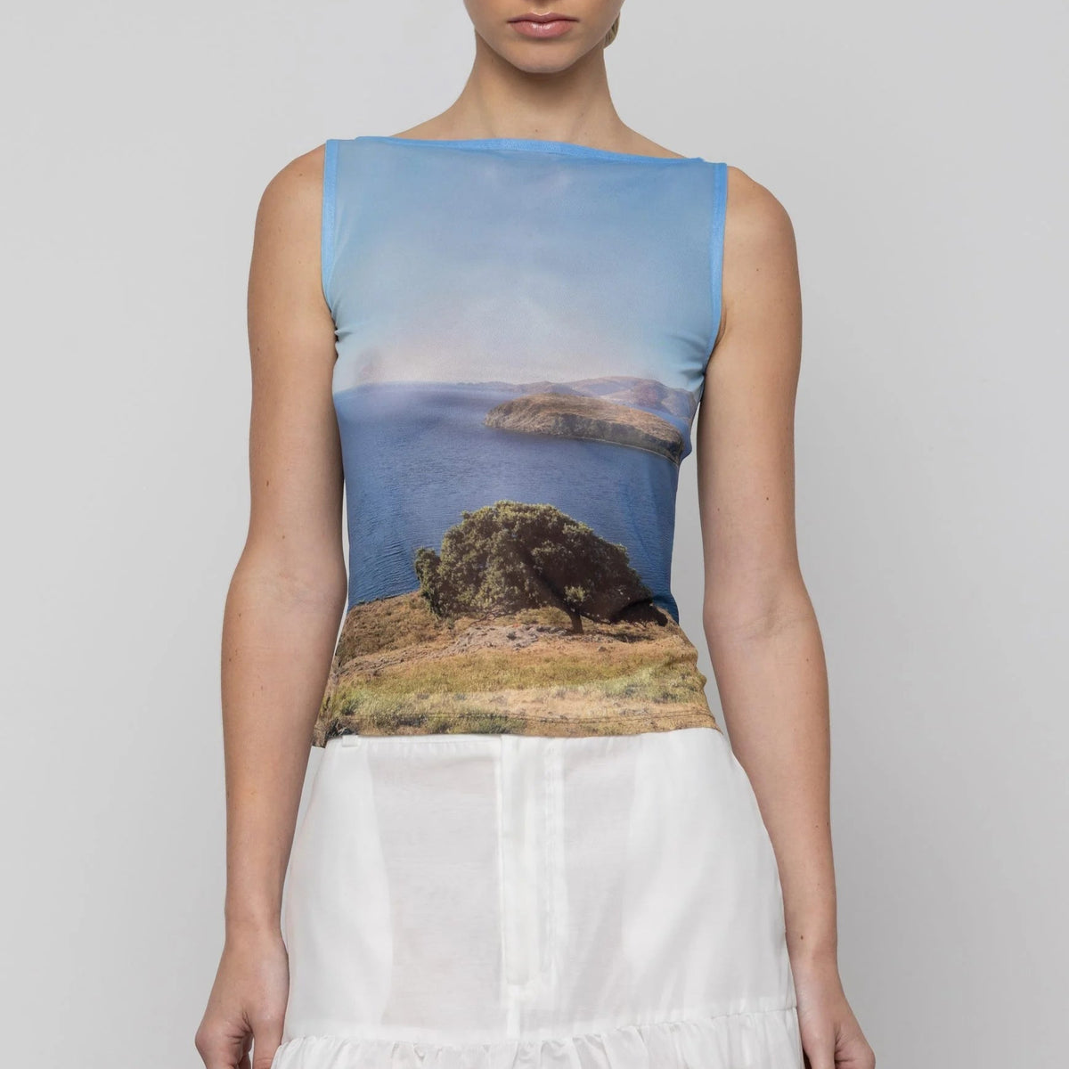 Mesh Boat Neck Top in Tree Print