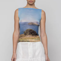 Mesh Boat Neck Top in Tree Print