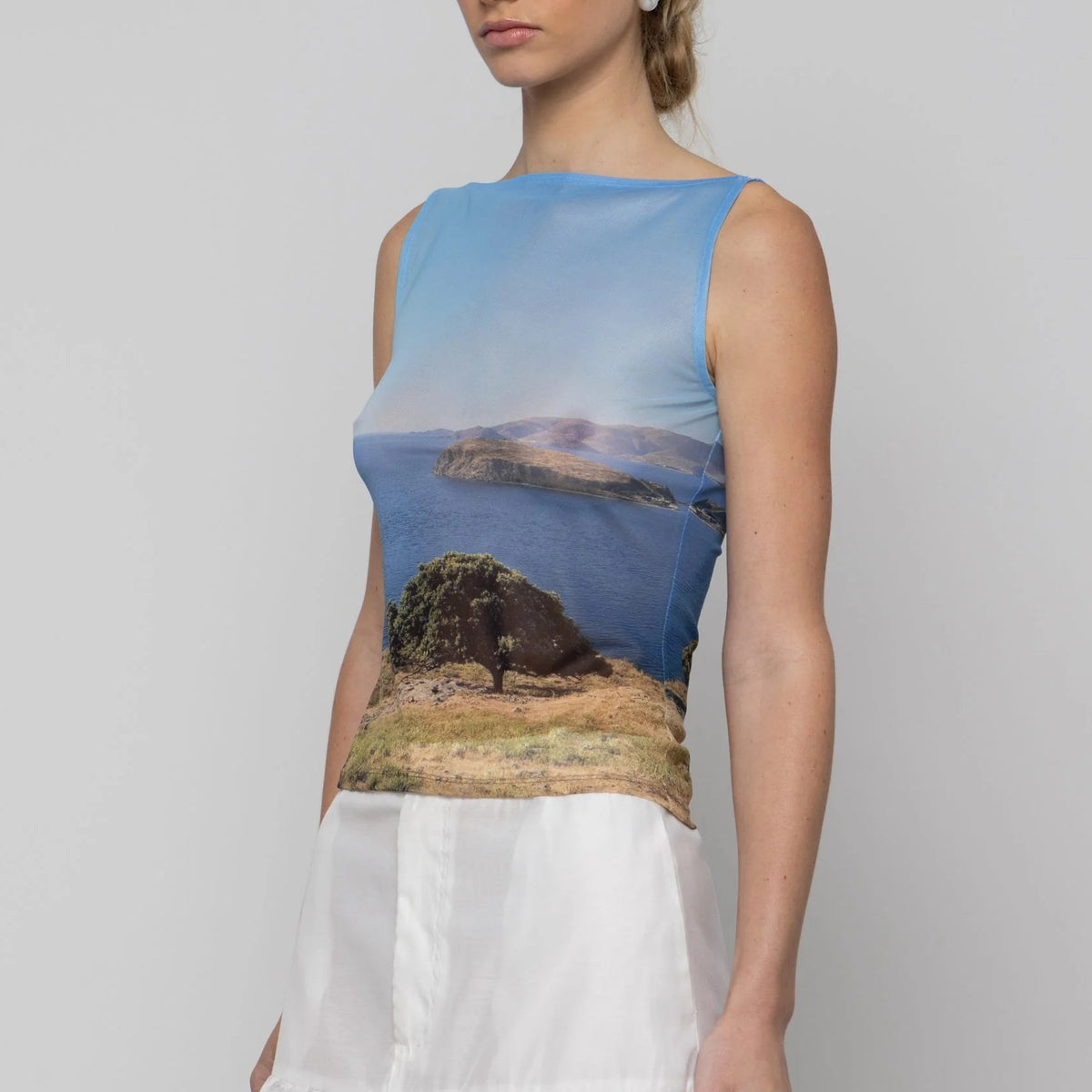 Mesh Boat Neck Top in Tree Print