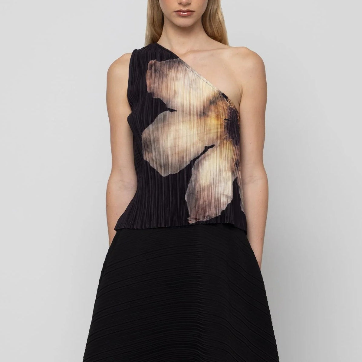 One Shoulder Pleated Floral Top