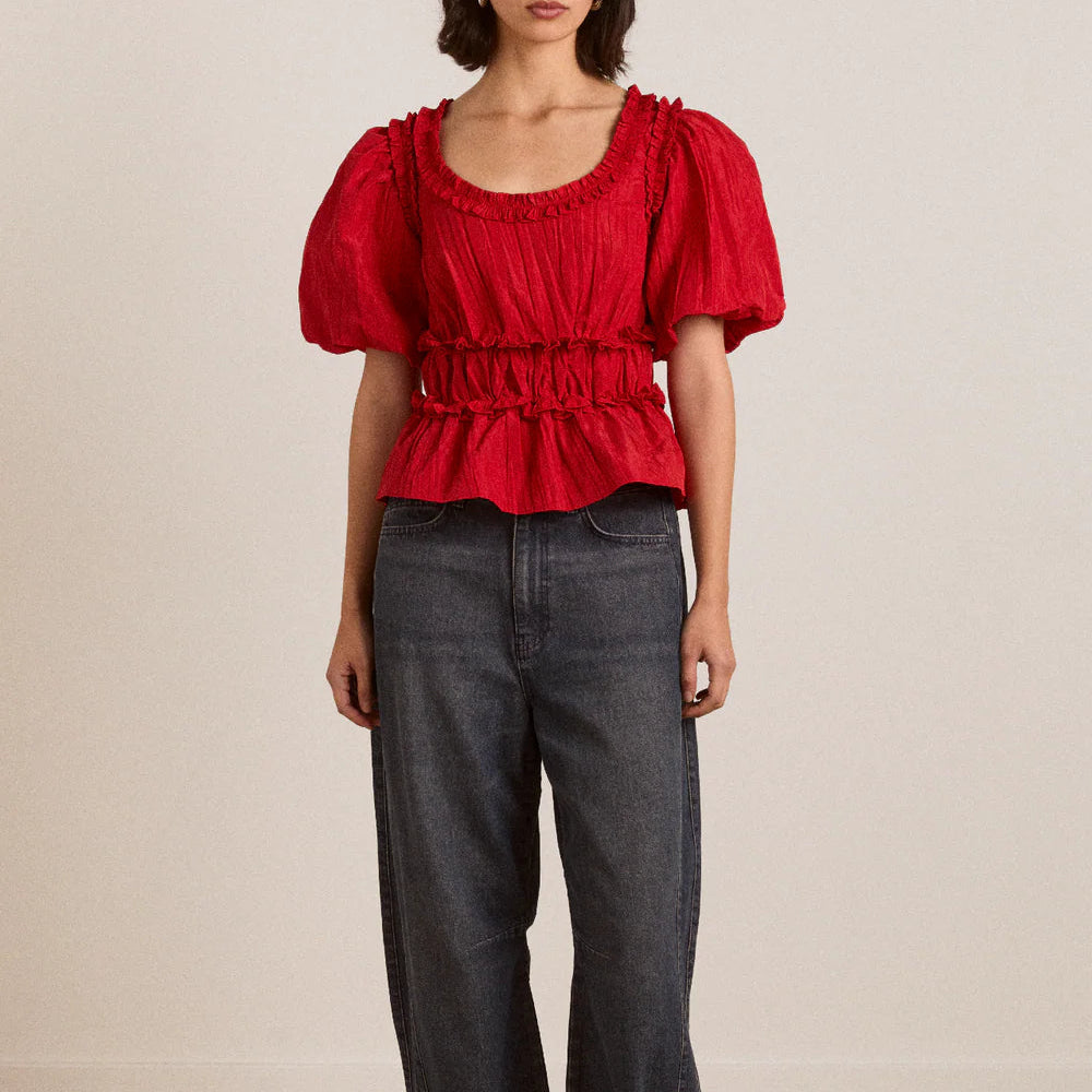 Everly Ruffle Blouse in Red Tafetta
