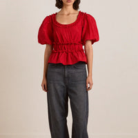Everly Ruffle Blouse in Red Tafetta
