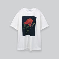 Rose Print Cotton T-Shirt in Off White