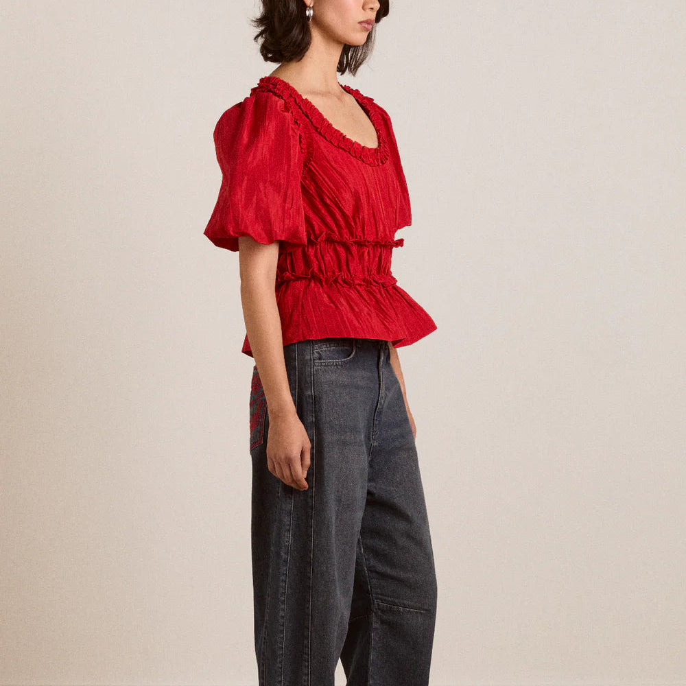 Everly Ruffle Blouse in Red Tafetta