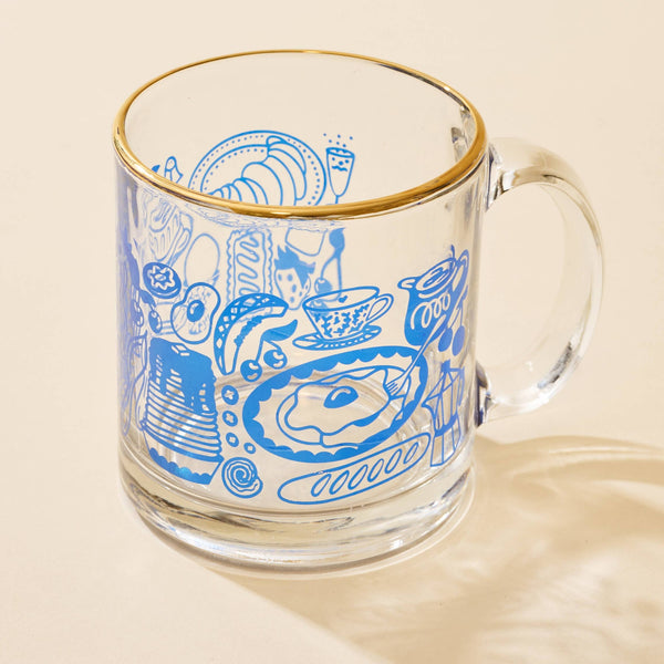 Breakfast Table Blue and Gold Clear Glass Mug