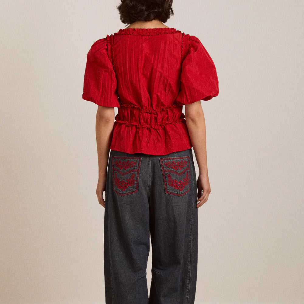 Everly Ruffle Blouse in Red Tafetta