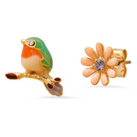 Enamel Bird and Flower Mismatched Studs