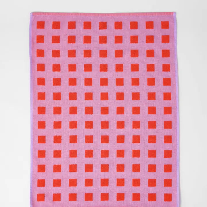 Squares Terry Tea Towel Lilac/Warm Red
