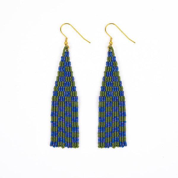 Delica Checkerboard Fringe Earrings - Blue Green
