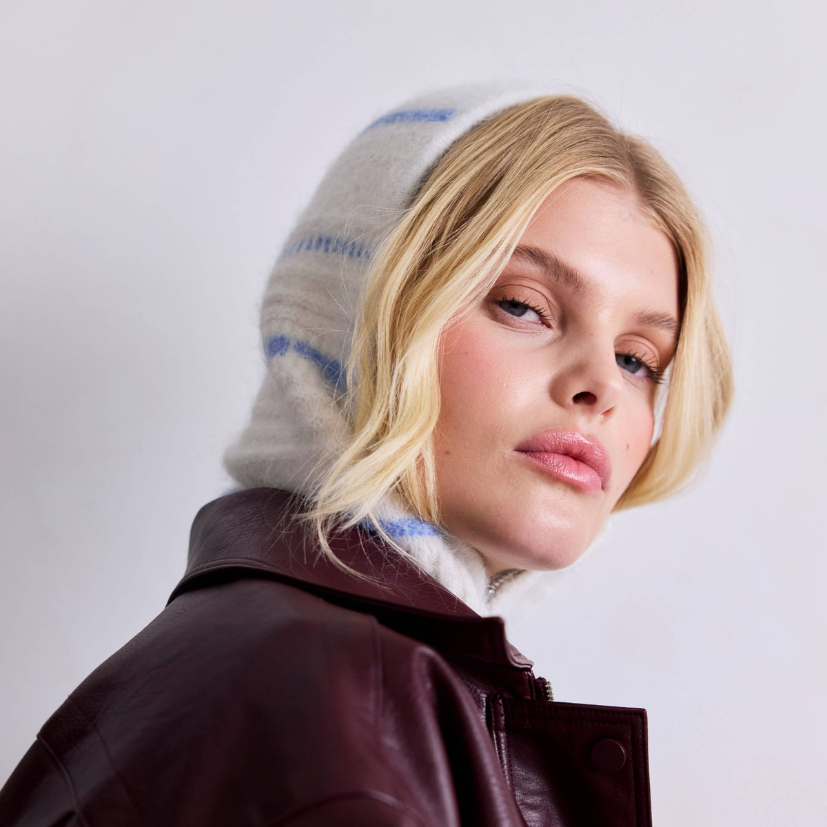The Alpaca Balaclava with Zip in White/Sky Blue