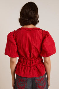 Everly Ruffle Blouse in Red Tafetta