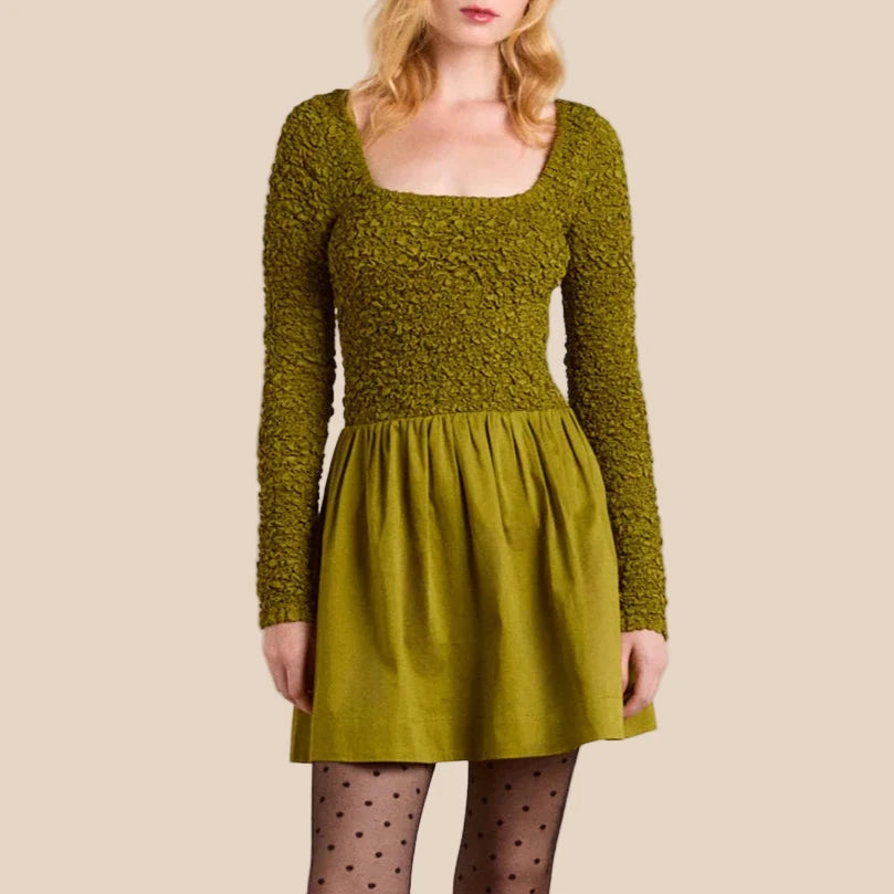 Malinda Smocked Mini Dress in Olive