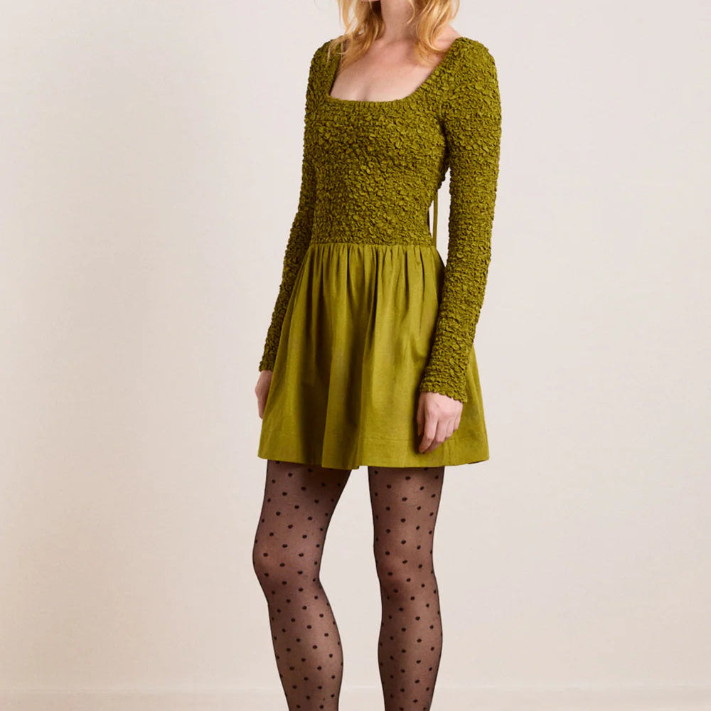 Malinda Smocked Mini Dress in Olive