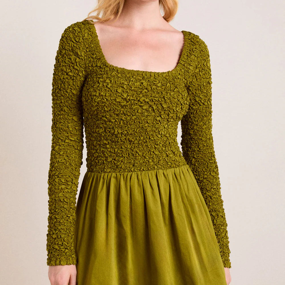 Malinda Smocked Mini Dress in Olive