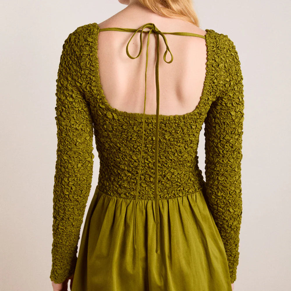 Malinda Smocked Mini Dress in Olive