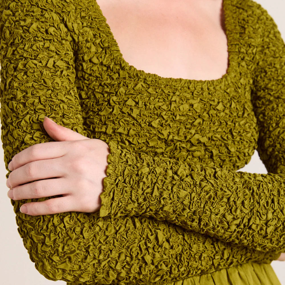 Malinda Smocked Mini Dress in Olive