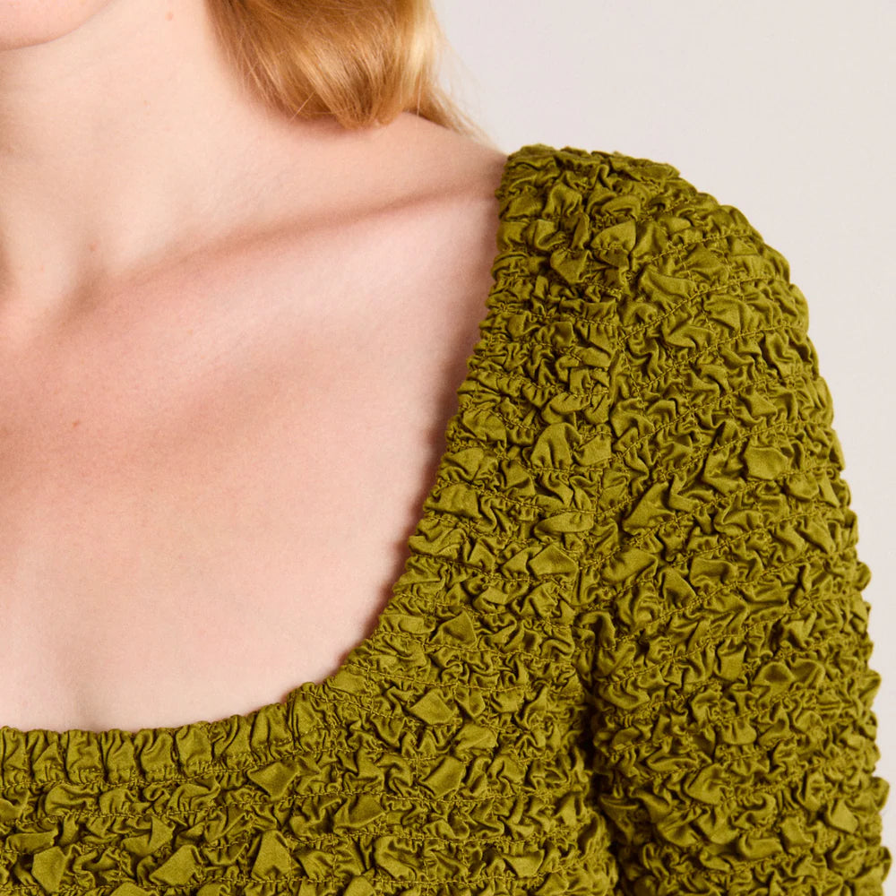 Malinda Smocked Mini Dress in Olive