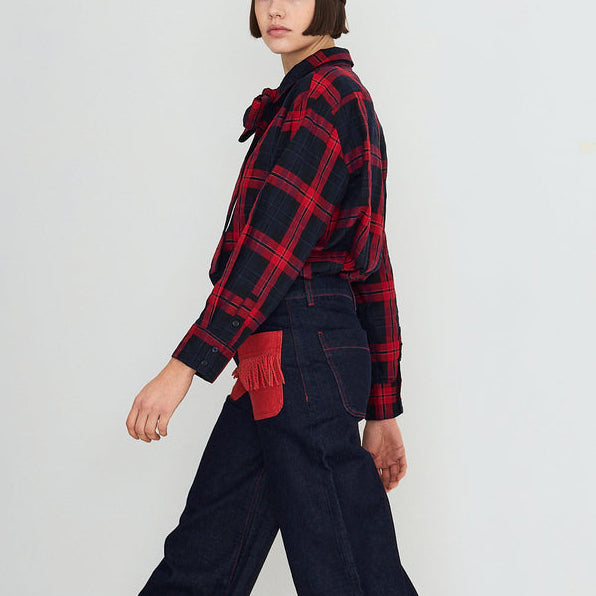 Check Bow Neck Shirt in Red