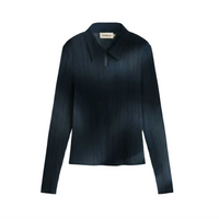 A dark navy blue long-sleeve knit polo shirt with a subtle vertical ribbed texture, shown against a plain white background.
