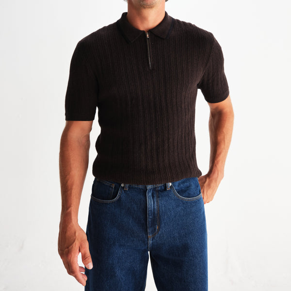 Bury Zip Polo in Dark Brown