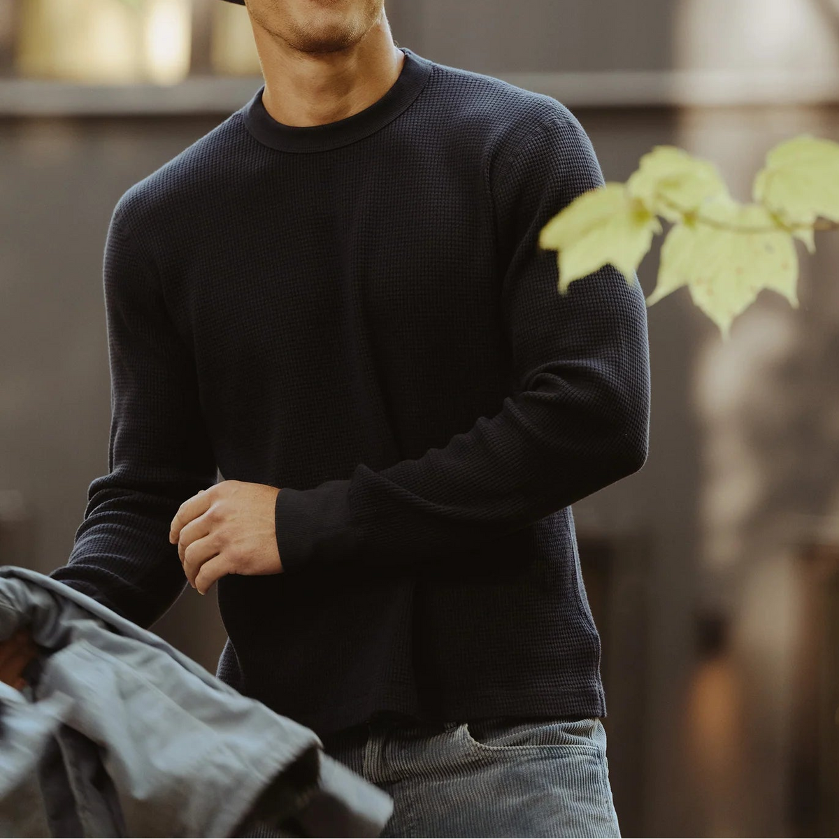 L/S Waffle Crew Tee in Black