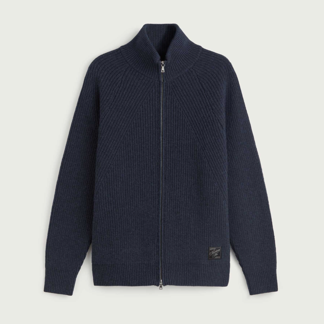 Grey ribbed knit zip-up cardigan sweater with a stand-up collar.