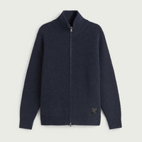 Grey ribbed knit zip-up cardigan sweater with a stand-up collar.