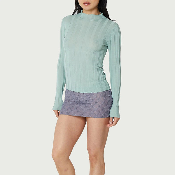 Wide Ribbed Knit Mock Neck in Halcyon