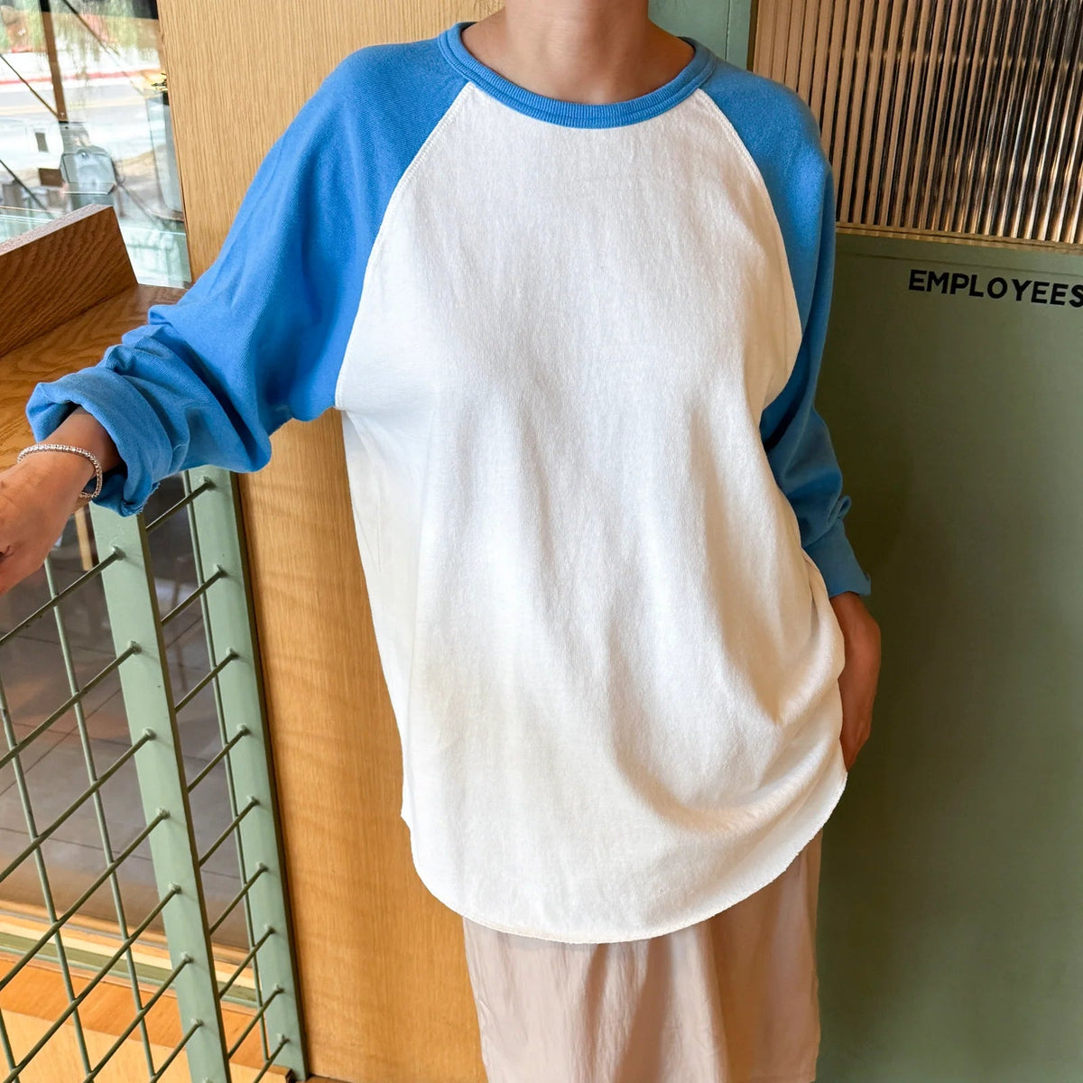 Heavy Cotton Raglan Tee in White/Blue