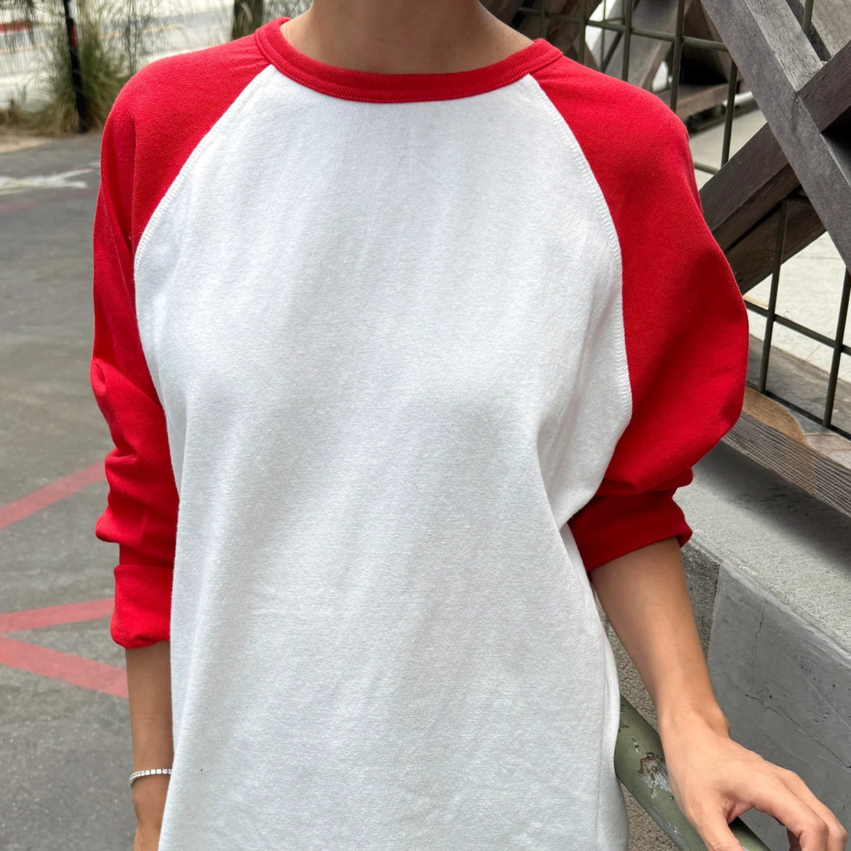 Heavy Cotton Raglan Tee in White/Tomato
