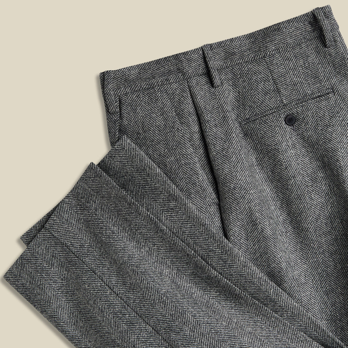 Single Pleat Herringbone Trousers in Grey