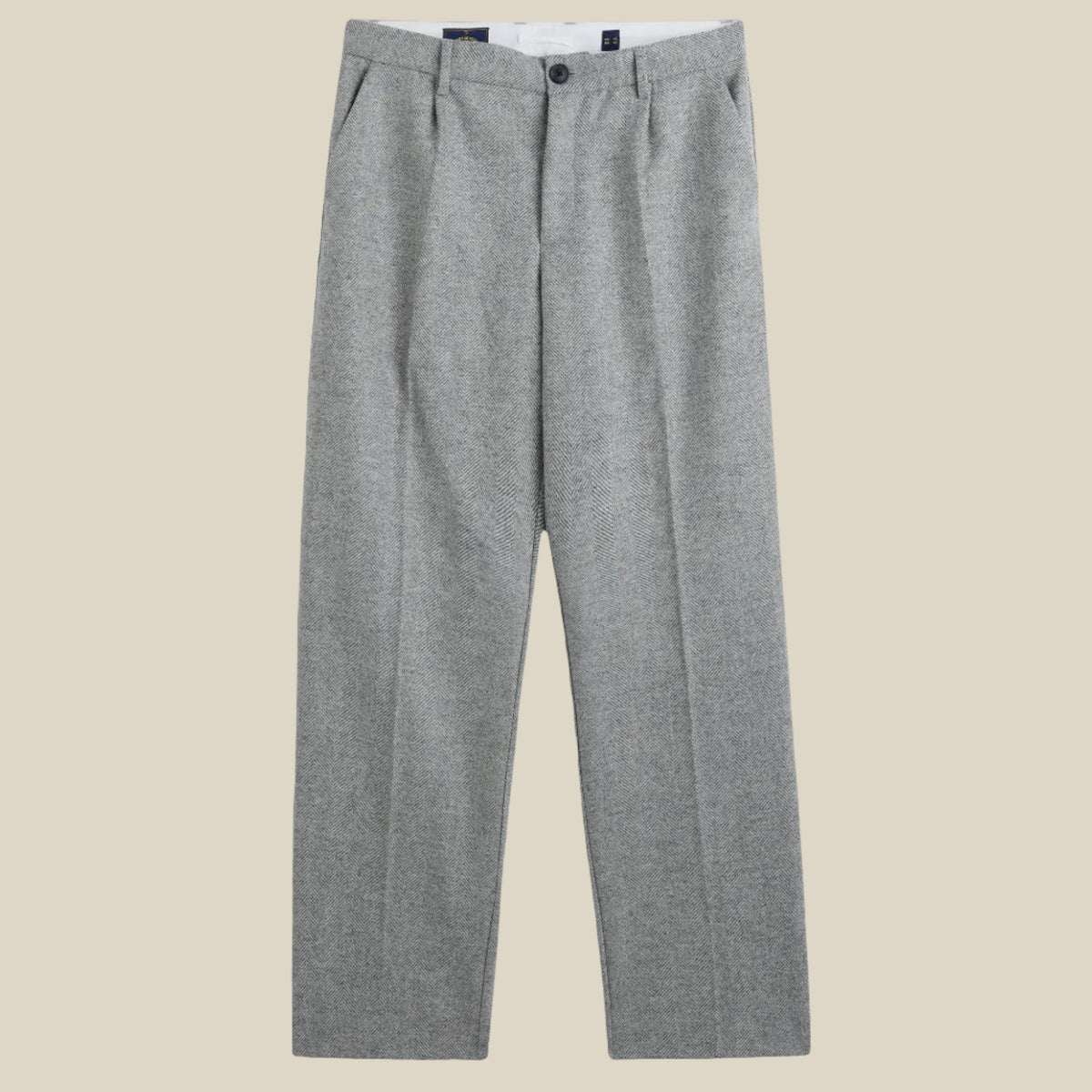 Single Pleat Herringbone Trousers in Light Grey