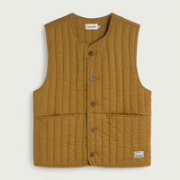 A quilted sleeveless vest in a warm camel brown color, featuring a button-up front and two front pockets.