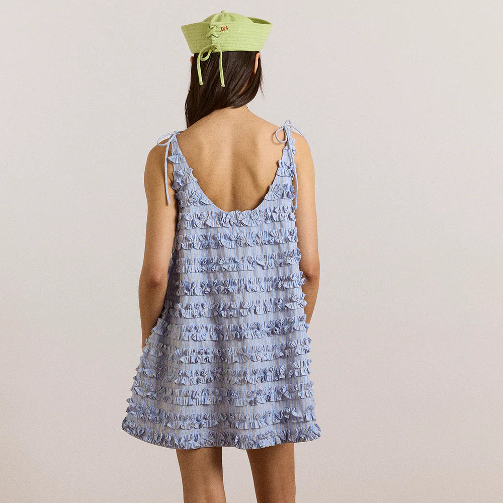 Leili Ruffle Mini Dress in Blue Stripe