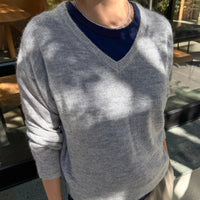 Matthew V-Neck Mohair Sweater in Icy Grey