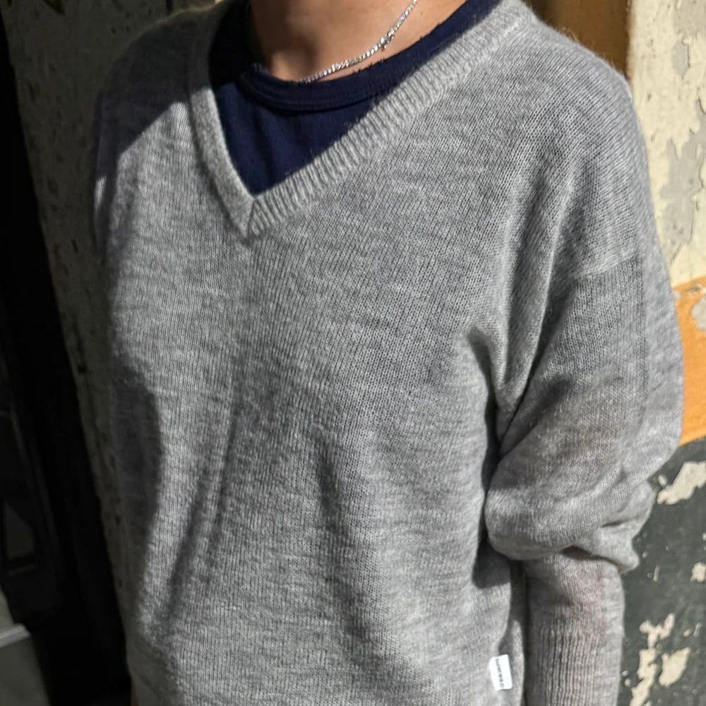 Matthew V-Neck Mohair Sweater in Icy Grey