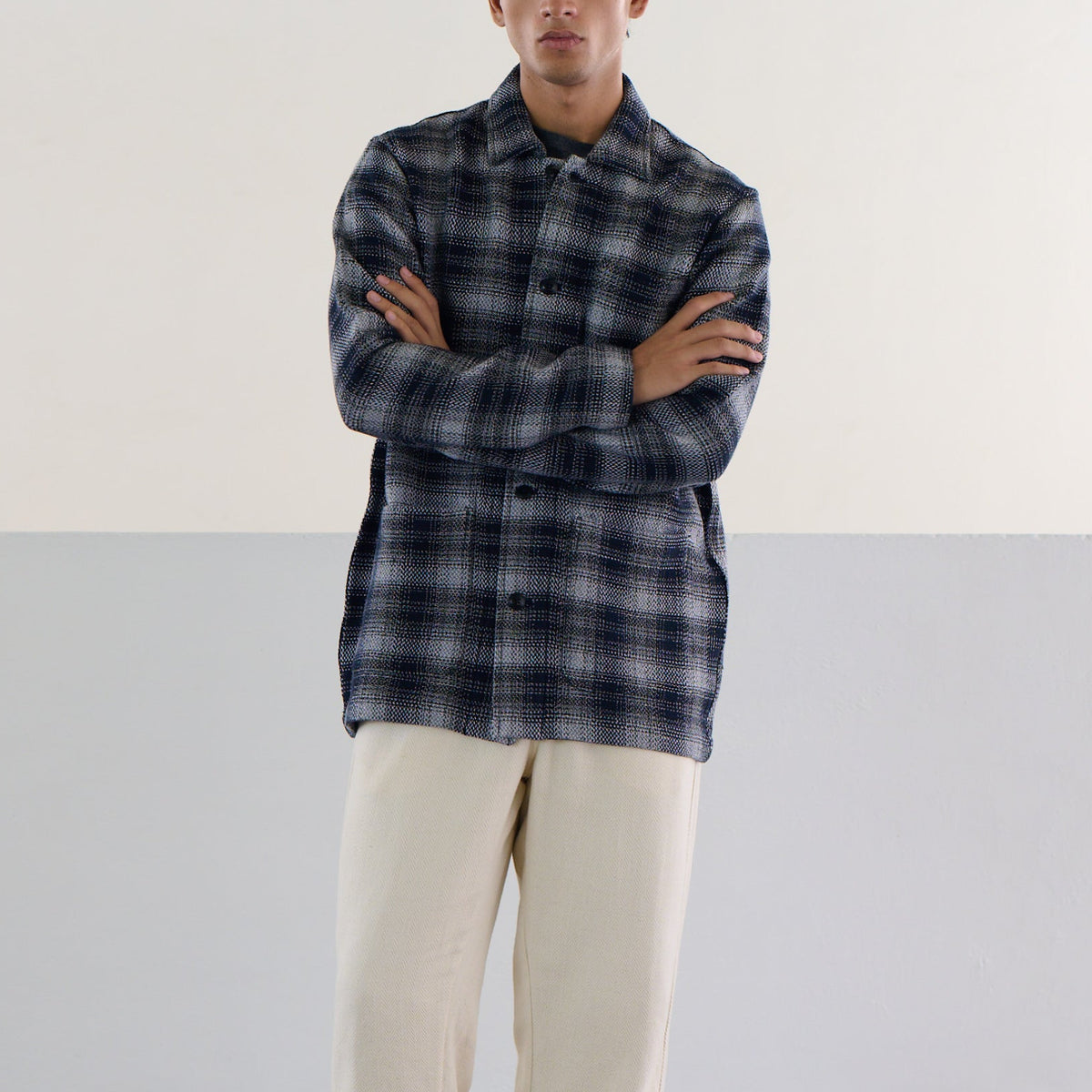 Chevron Weave Shirt Jacket in White Check