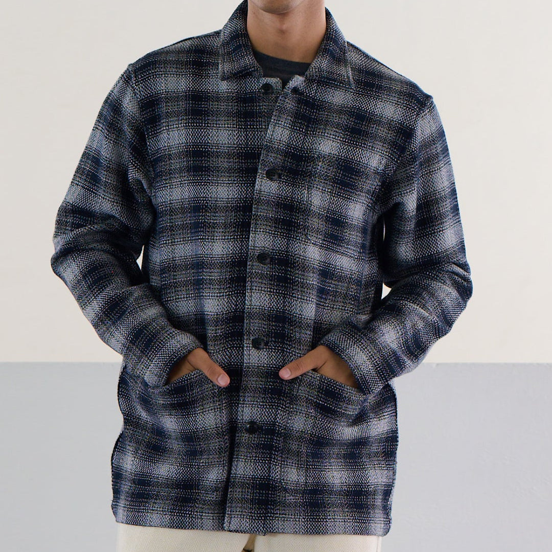 Chevron Weave Shirt Jacket in White Check