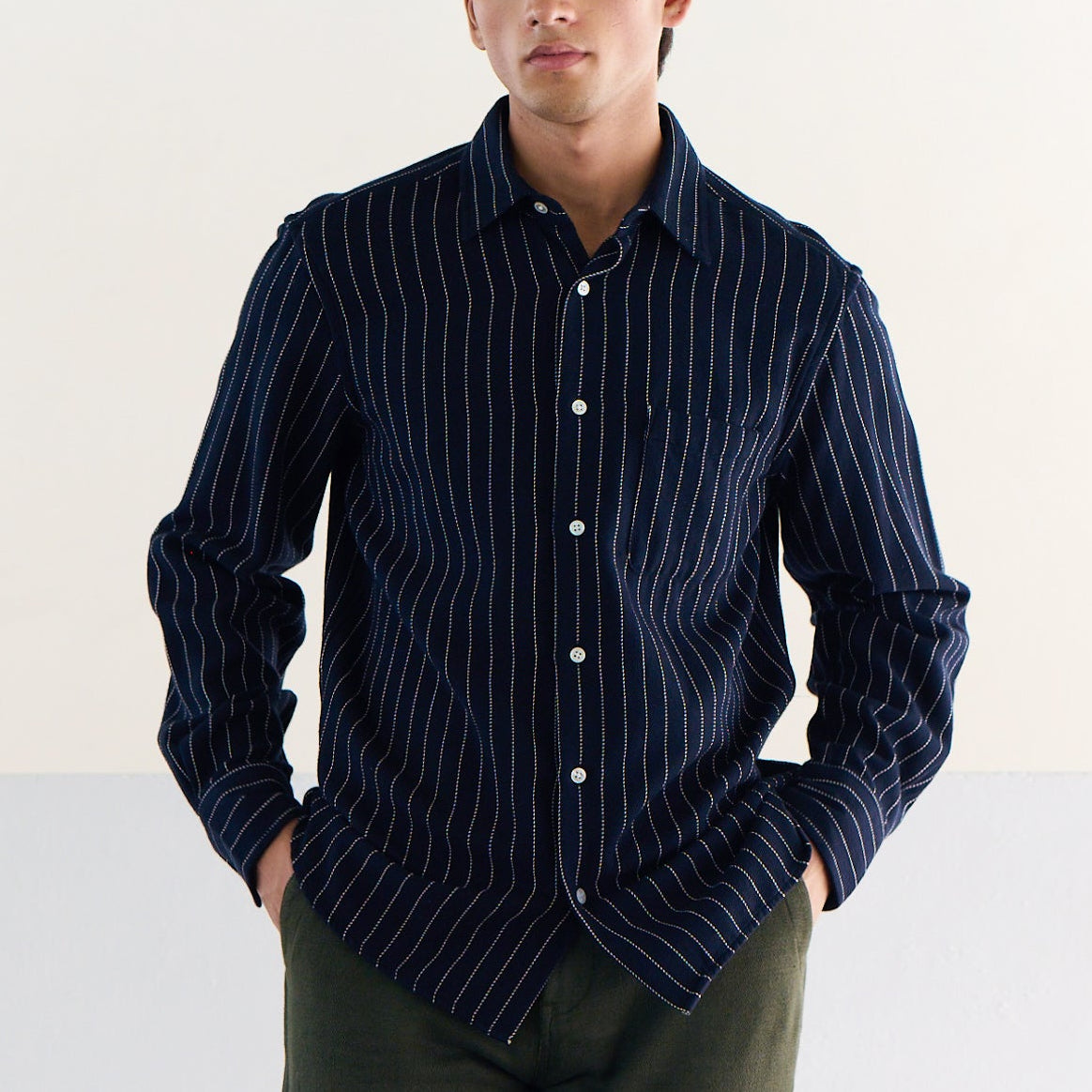 Two Ply Flecked Weave Shirt in Navy Pinstripe
