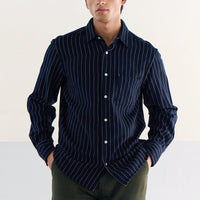 Two Ply Flecked Weave Shirt in Navy Pinstripe