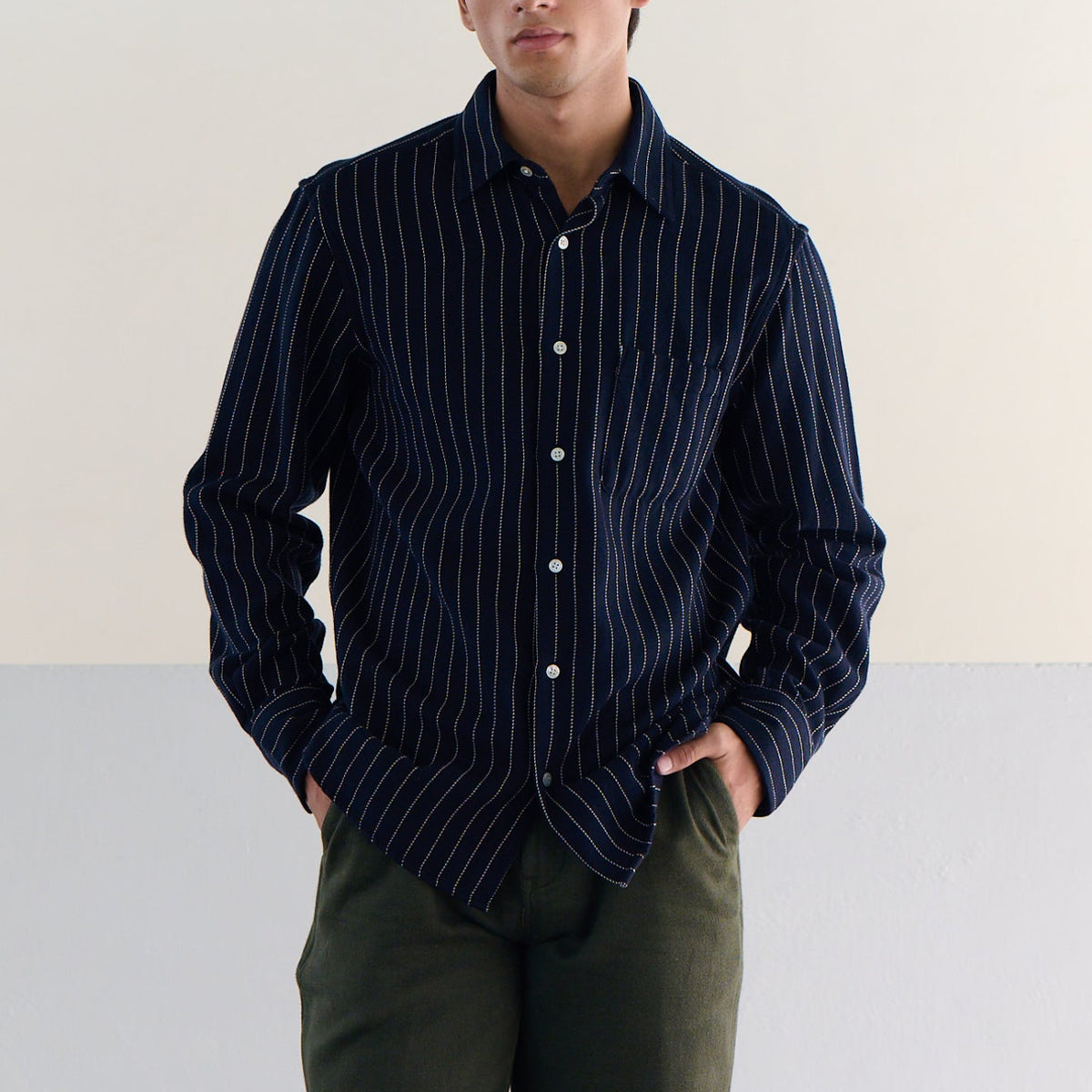 Two Ply Flecked Weave Shirt in Navy Pinstripe